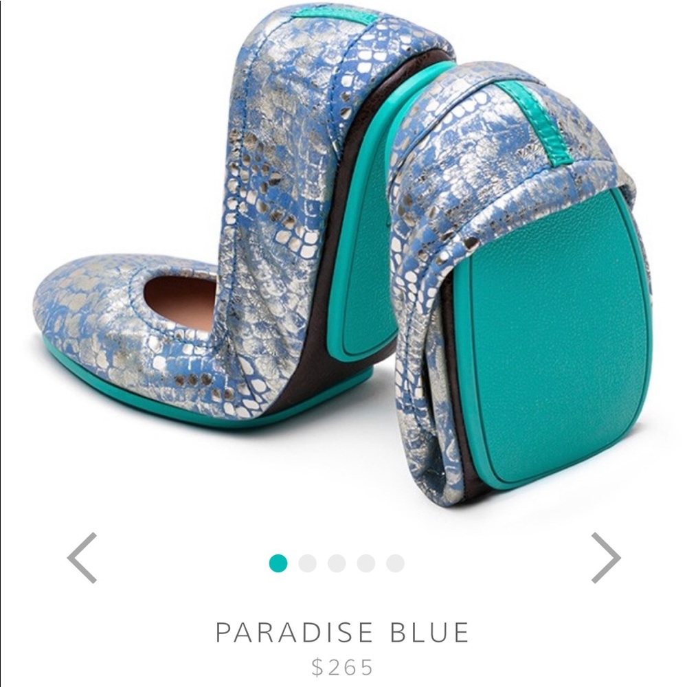 Size 9, blue snake skin print Tieks